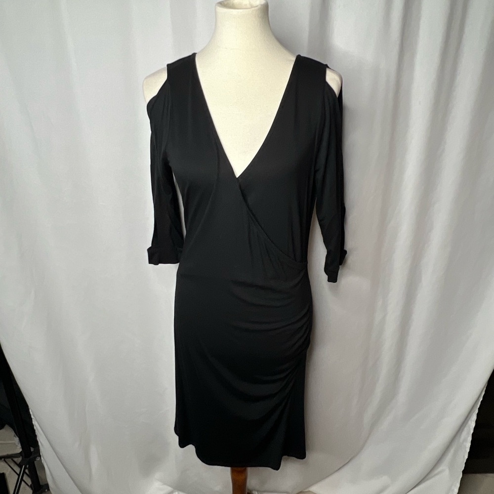 VENUS Black Wrap Dress Cold Shoulder V-Neck Ruched Size M